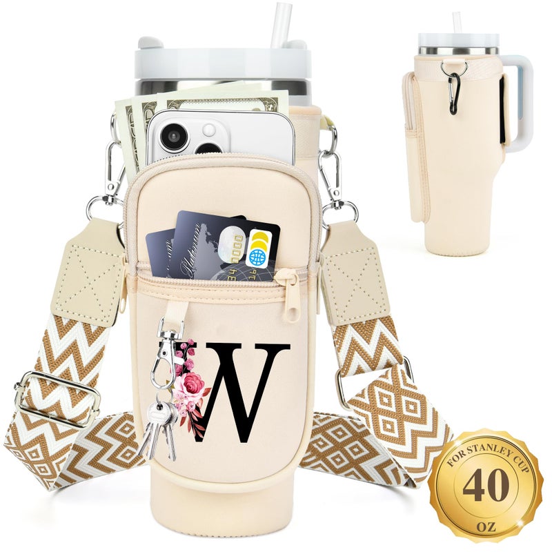 LOKASS Personalized Water Bottle Holder with Strap for Stanley Cup Accessories 40 oz Initial Stanley Cup Holder Carrier Bag with Phone Pocket Stylish Tumbler Accessories for Everyday Carry Beige W - Image 2