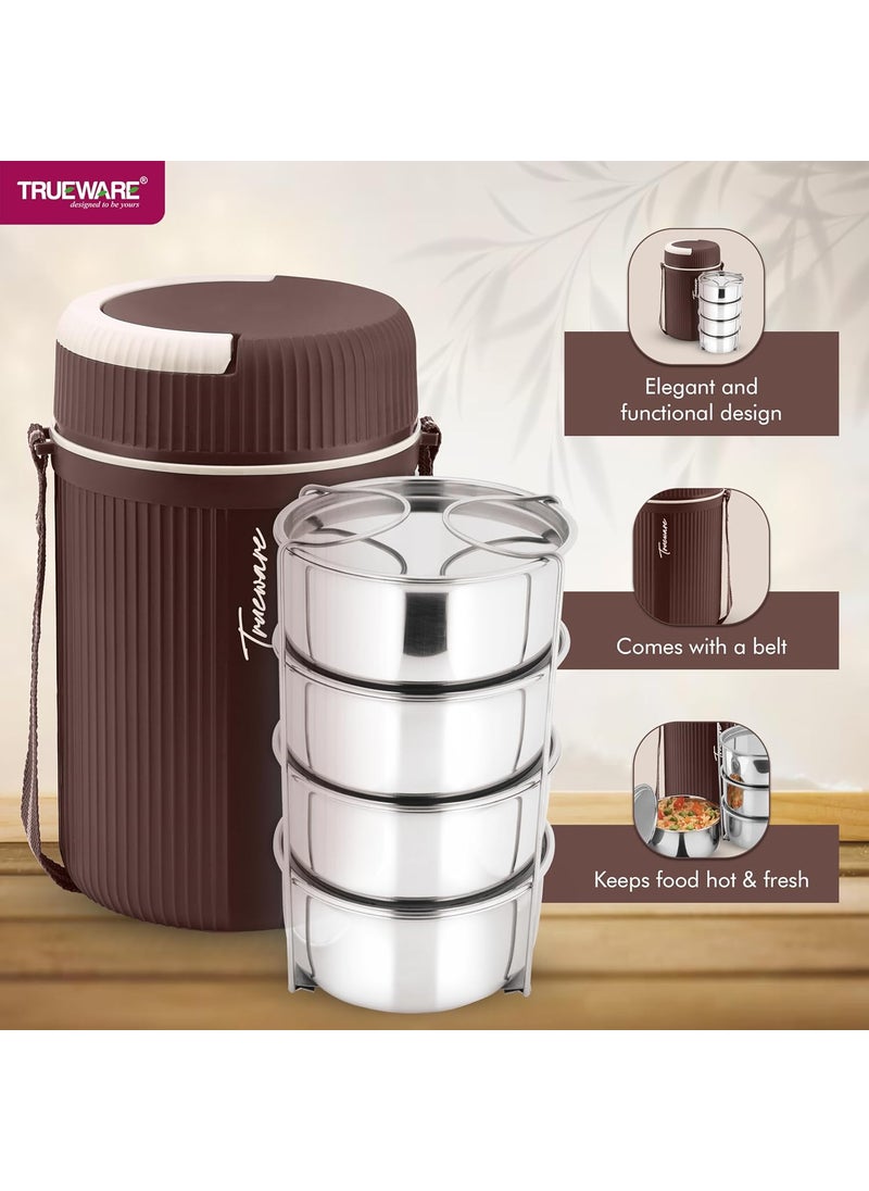 Trueware Trueware Quick Meal 4 Insulated Thermoware Hot Lunch Box with 4 SS Container 300 ML Each Office Lunch Box BPA Free Food Grade Brown Extra Large  - Image 4
