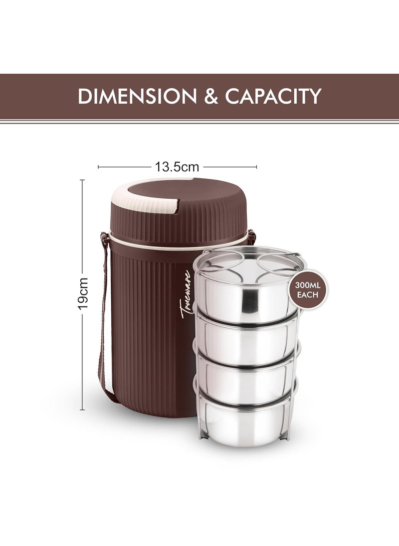 Trueware Trueware Quick Meal 4 Insulated Thermoware Hot Lunch Box with 4 SS Container 300 ML Each Office Lunch Box BPA Free Food Grade Brown Extra Large  - Image 3