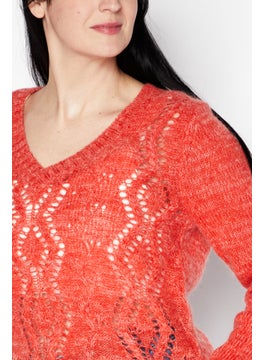 I.Code Women V-Neck Textured Sweater, Orange  - Image 4