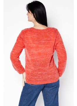 I.Code Women V-Neck Textured Sweater, Orange  - Image 3