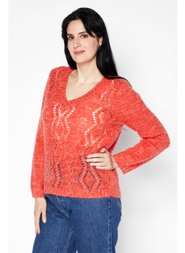 I.Code Women V-Neck Textured Sweater, Orange  - Image 1