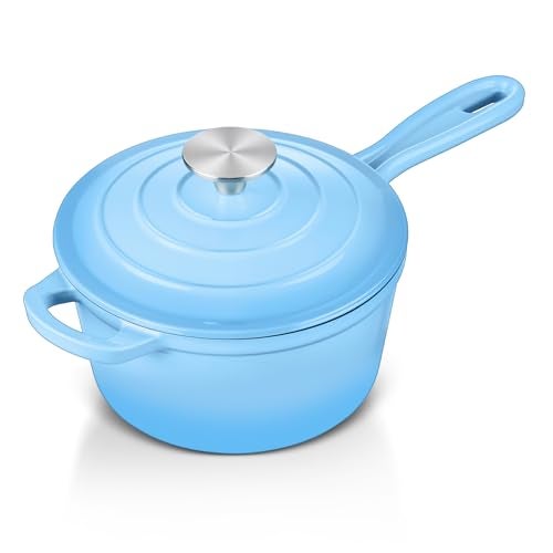 Leonyo Enameled Cast Iron Sauce Pan with Lid, Leonyo 1 Quart Saucepan with Lid, Small Enamel Cast Iron Dutch Oven Kitchen Cookware for All Cooktops Cooking Soup, Milk - Up to 500°F & 4.4Lbs, Lake Blue - Image 1