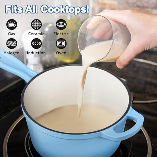 Leonyo Enameled Cast Iron Sauce Pan with Lid, Leonyo 1 Quart Saucepan with Lid, Small Enamel Cast Iron Dutch Oven Kitchen Cookware for All Cooktops Cooking Soup, Milk - Up to 500°F & 4.4Lbs, Lake Blue - Image 5