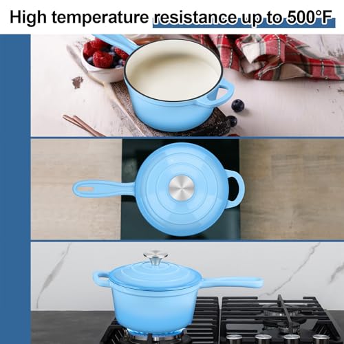 Leonyo Enameled Cast Iron Sauce Pan with Lid, Leonyo 1 Quart Saucepan with Lid, Small Enamel Cast Iron Dutch Oven Kitchen Cookware for All Cooktops Cooking Soup, Milk - Up to 500°F & 4.4Lbs, Lake Blue - Image 4