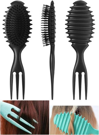 3-in-1 Curl Defining and Styling Hair Brush with Flexible Cushion, Ball-Tipped Nylon Bristles, Three-Pronged Sectioning Pick, Lightweight 105 g, 27 cm