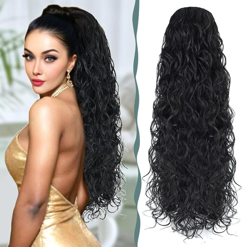 BHF Ponytail Extension Long Curly Ponytail Hair Pieces for Women Clip in Synthetic Drawstring Long Wavy Fake for Daily Use 26 inch1B