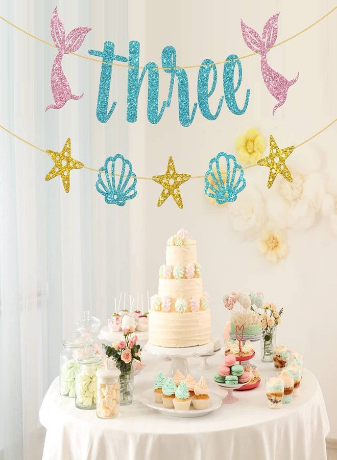 WeBenison Mermaid 3rd Birthday Banner/Girl's Third Birthday Banner Bunting/Ocean Three Sign/Under The Sea Mermaid Three Bday Party Decorations/Blue Pink Gold Glitter - Image 4