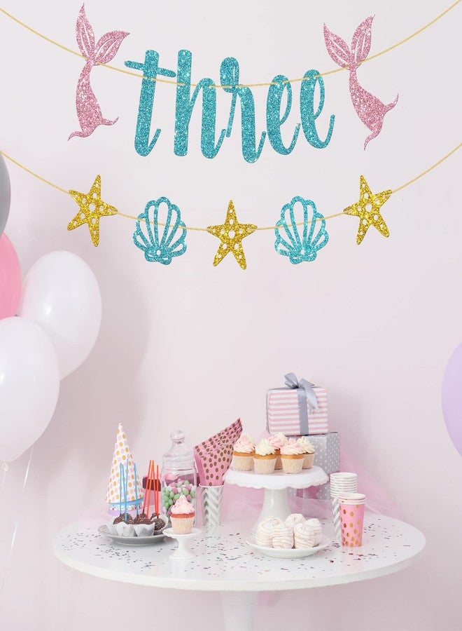 WeBenison Mermaid 3rd Birthday Banner/Girl's Third Birthday Banner Bunting/Ocean Three Sign/Under The Sea Mermaid Three Bday Party Decorations/Blue Pink Gold Glitter - Image 5