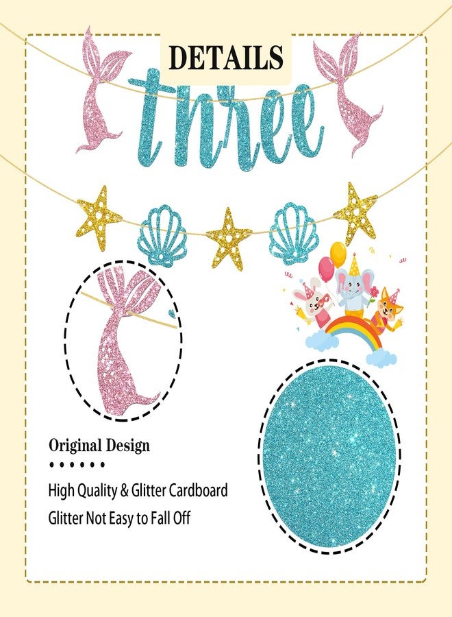 WeBenison Mermaid 3rd Birthday Banner/Girl's Third Birthday Banner Bunting/Ocean Three Sign/Under The Sea Mermaid Three Bday Party Decorations/Blue Pink Gold Glitter - Image 3