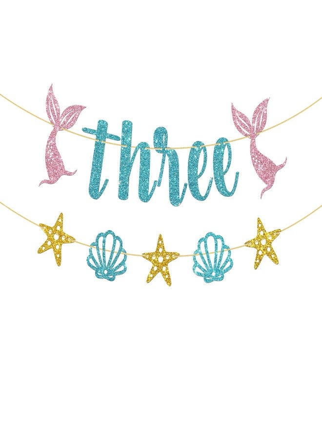 WeBenison Mermaid 3rd Birthday Banner/Girl's Third Birthday Banner Bunting/Ocean Three Sign/Under The Sea Mermaid Three Bday Party Decorations/Blue Pink Gold Glitter - Image 1