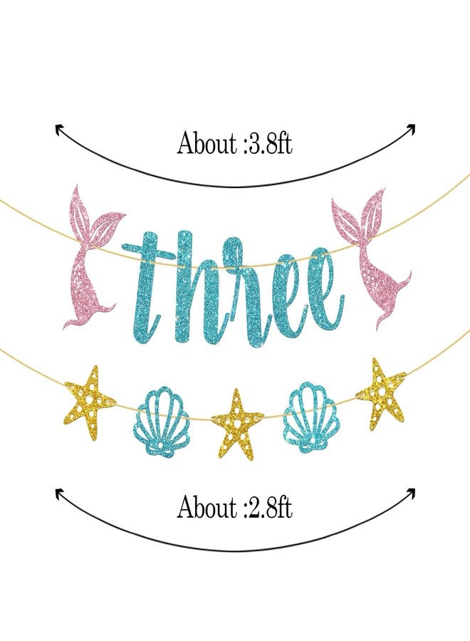 WeBenison Mermaid 3rd Birthday Banner/Girl's Third Birthday Banner Bunting/Ocean Three Sign/Under The Sea Mermaid Three Bday Party Decorations/Blue Pink Gold Glitter - Image 2