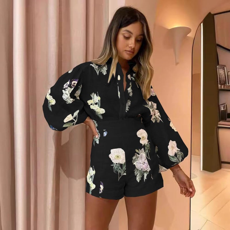 Molilove Womens 2 Piece Outfit Hawaiian Long Sleeve Button Down Shirt and Shorts Tracksuit Lounge Set,Black,Medium - Image 2