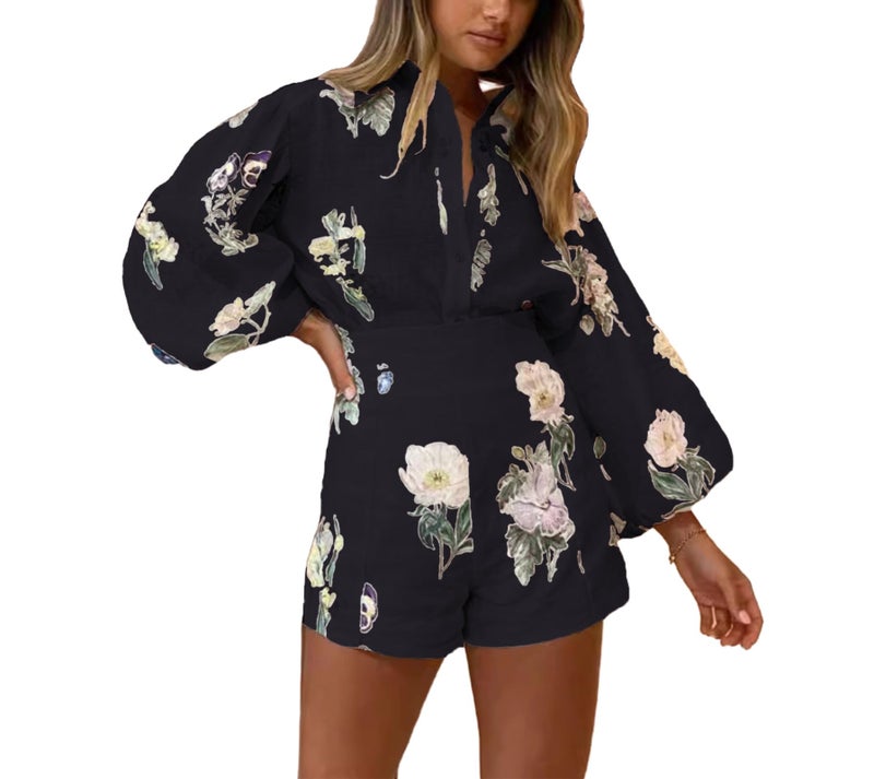 Molilove Womens 2 Piece Outfit Hawaiian Long Sleeve Button Down Shirt and Shorts Tracksuit Lounge Set,Black,Medium - Image 1