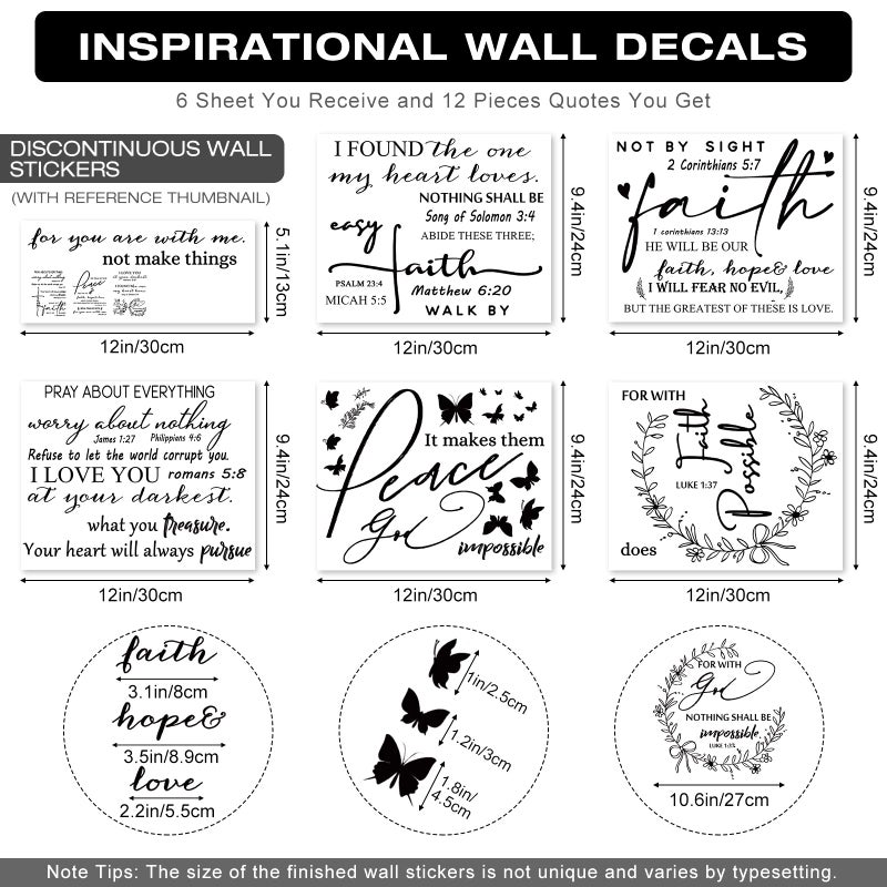 Leinuosen 12 Styles Bible Verse Wall Decals Inspirational Decals Peel and Stick Vinyl Christian Stickers Prayer Wall Decor Butterfly Quotes Decor Art Sticker for Bedroom(Black) - Image 2