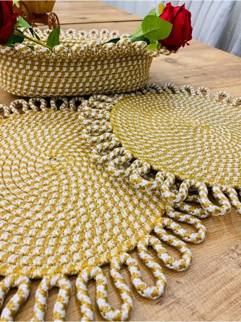 BDZ Deri BDZ Leather Wicker Jute Presentation Plate Mat American Service and Basket 3 Pieces