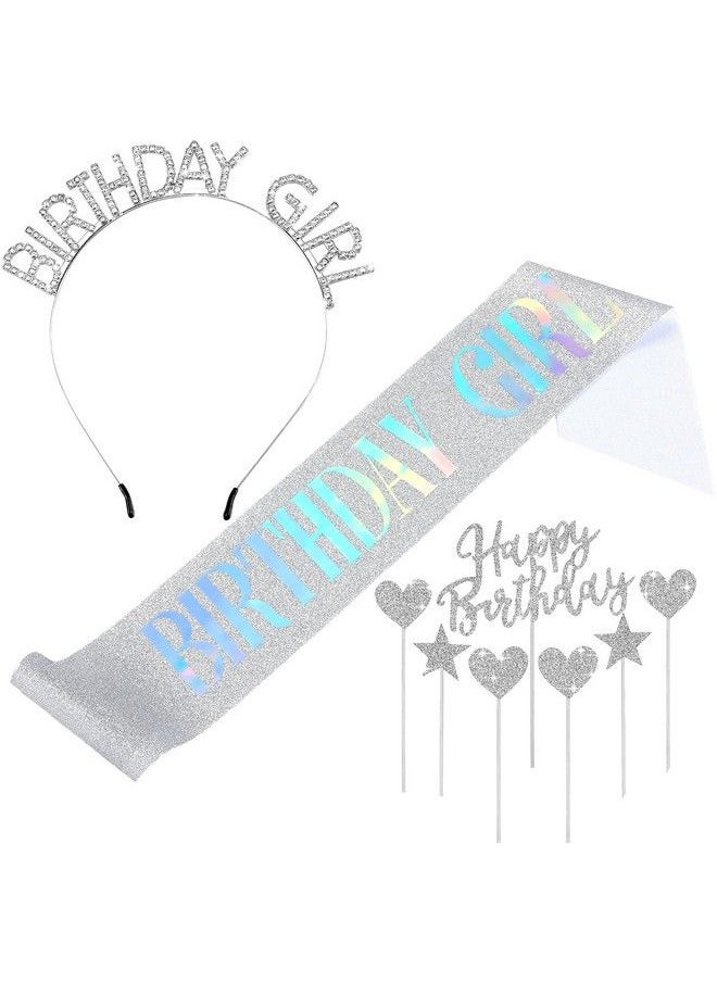 WILLBOND Birthday Tiara And Sash Kit Girls Birthday Sash Rhinestone Glitter Birthday Crown Headband 11 Pieces Happy Birthday Cake Toppers For Birthday Party Favors Supplies Decorations (Silver Color)  - Image 1