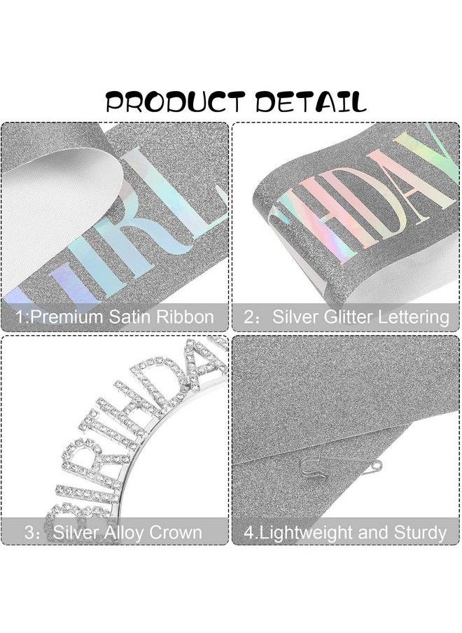 WILLBOND Birthday Tiara And Sash Kit Girls Birthday Sash Rhinestone Glitter Birthday Crown Headband 11 Pieces Happy Birthday Cake Toppers For Birthday Party Favors Supplies Decorations (Silver Color)  - Image 4