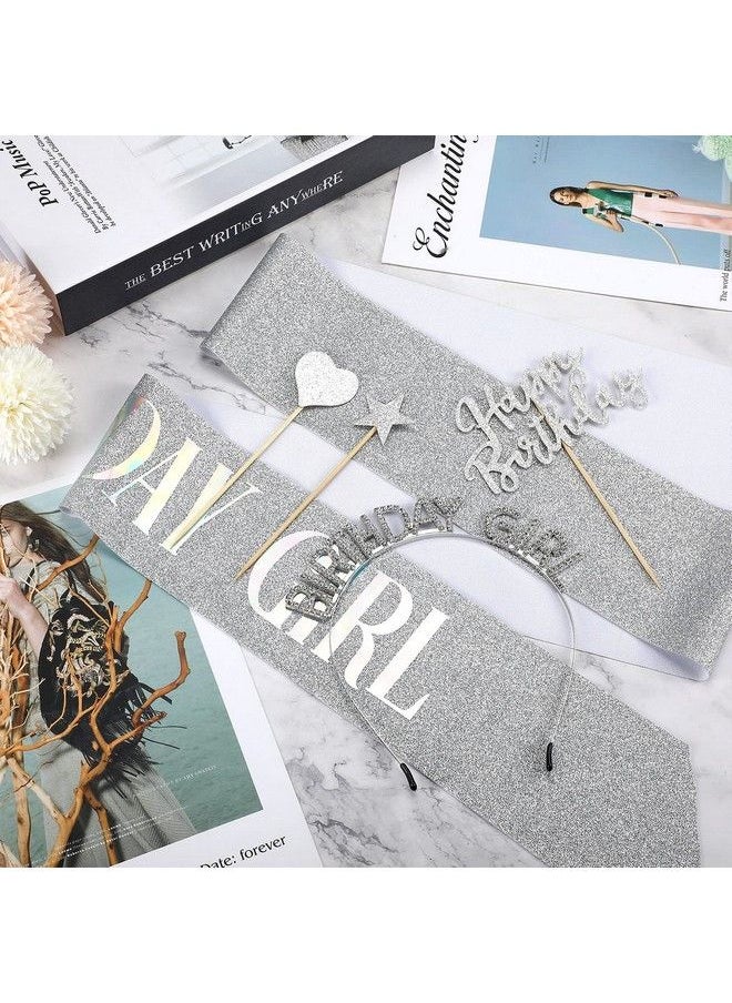 WILLBOND Birthday Tiara And Sash Kit Girls Birthday Sash Rhinestone Glitter Birthday Crown Headband 11 Pieces Happy Birthday Cake Toppers For Birthday Party Favors Supplies Decorations (Silver Color)  - Image 5
