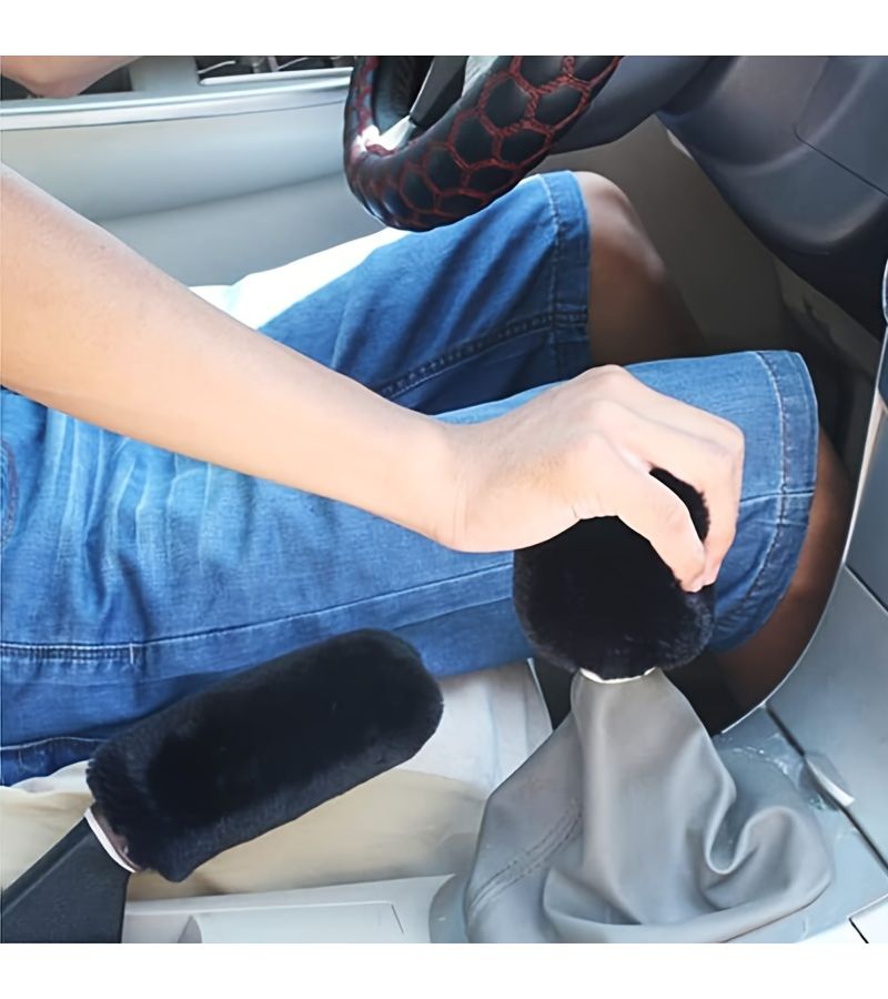 Blue Gray Plush Car Handbrake Cover And Gear Lever Cover Set - Image 3