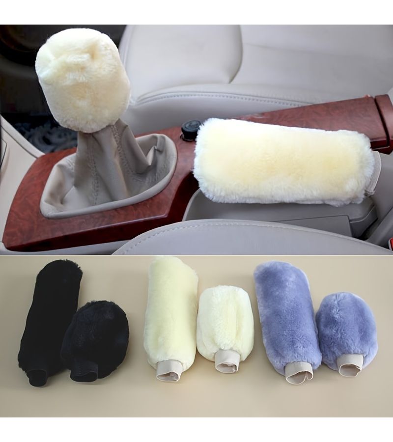 Blue Gray Plush Car Handbrake Cover And Gear Lever Cover Set - Image 1