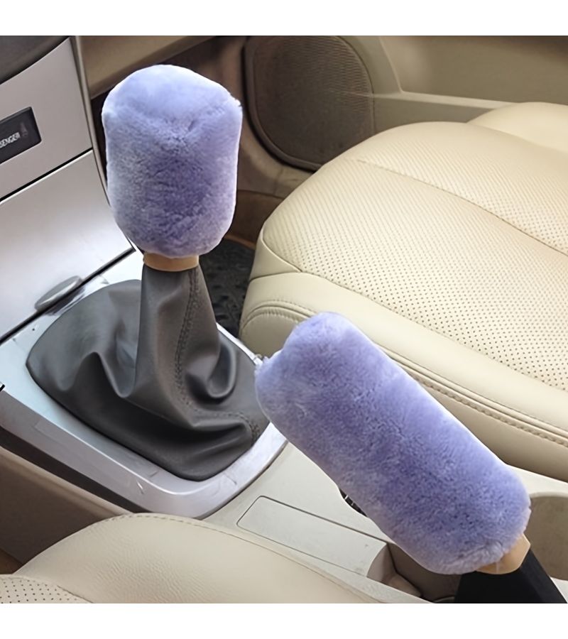 Blue Gray Plush Car Handbrake Cover And Gear Lever Cover Set - Image 5