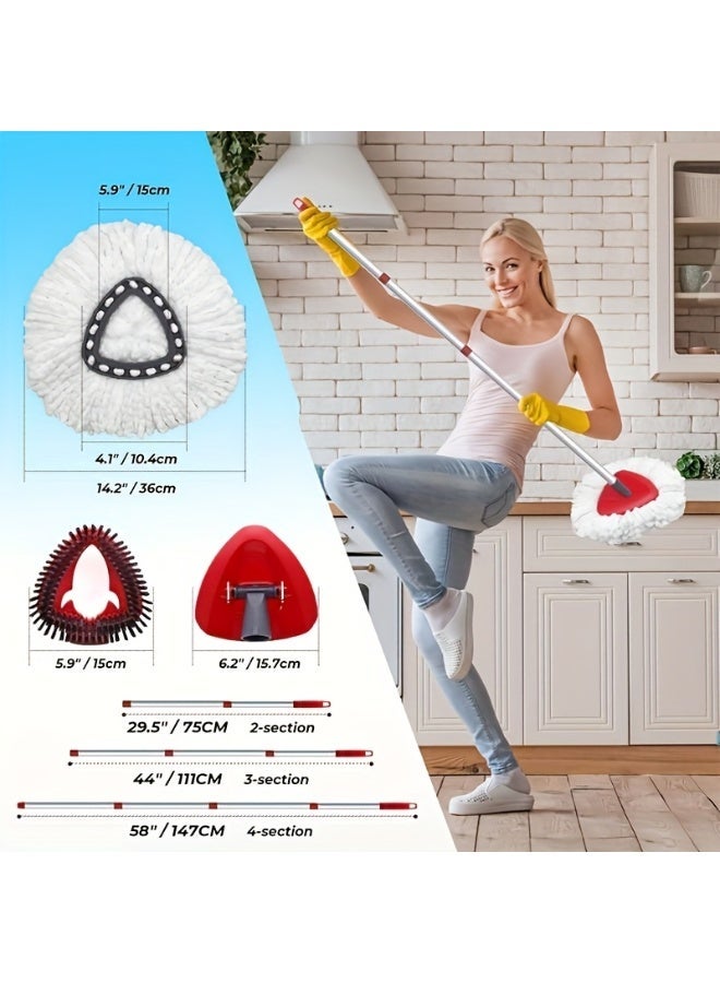 58 inch Telescopic triangular rotating mop, equipped with 2 replacement cloths,  mop head replacement for floor cleaning, washable and reusable, 4 sections of 30 inch to 58 inch mop handles. - Image 5