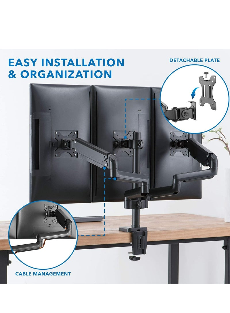 هامود Hamood، حامل شاشة ثلاثي لشاشات الكمبيوتر حتى 27 بوصة، حامل شاشة ثلاثي مع أذرع زنبركية غازية، يحمل 15.4 رطل لكل ذراع، 3 حامل شاشات مع إمالة، دوار، VESA 75x75,100x100 مم - Image 5