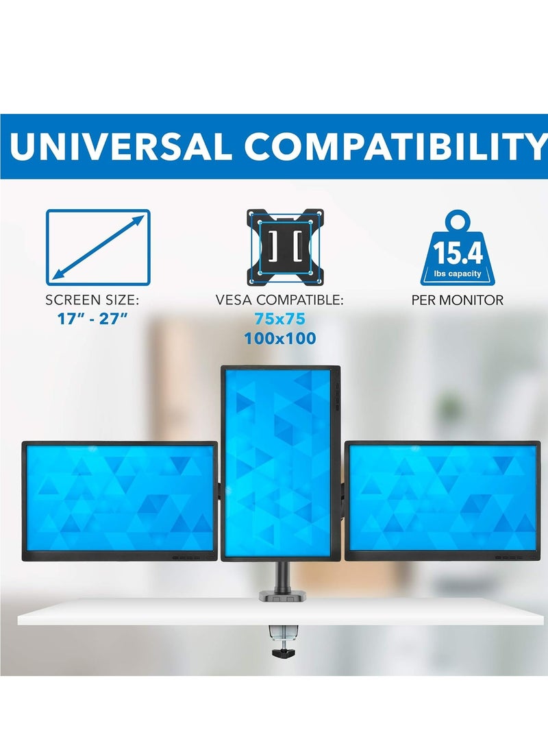هامود Hamood، حامل شاشة ثلاثي لشاشات الكمبيوتر حتى 27 بوصة، حامل شاشة ثلاثي مع أذرع زنبركية غازية، يحمل 15.4 رطل لكل ذراع، 3 حامل شاشات مع إمالة، دوار، VESA 75x75,100x100 مم - Image 3