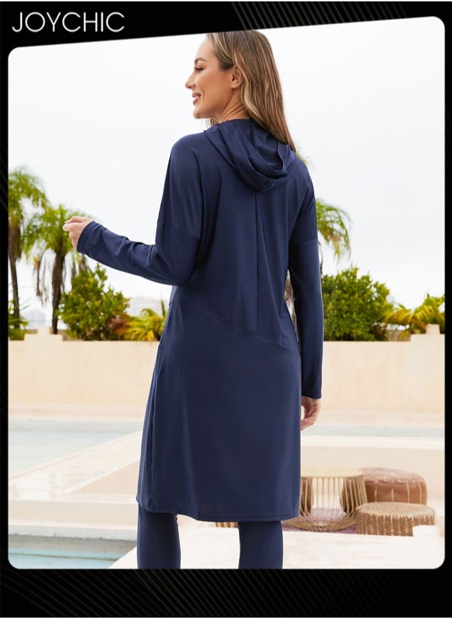 Joychic - 3-piece Muslim Women Conservative Swimwear Set Long Sleeve Comfortable and Sun Protection Beach Wear Summer Lightweight Swimsuit Dark Blue - Image 1