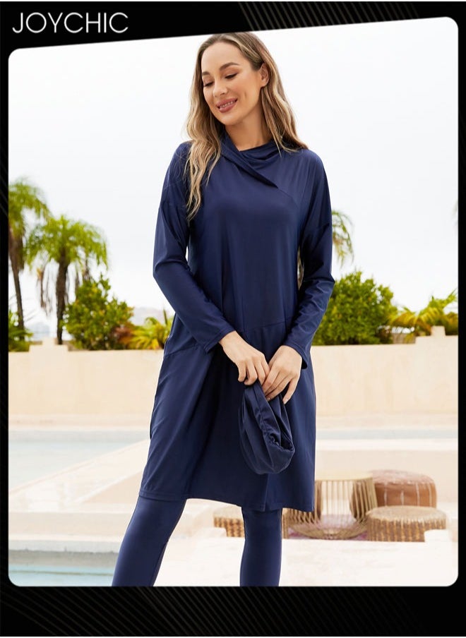 Joychic - 3-piece Muslim Women Conservative Swimwear Set Long Sleeve Comfortable and Sun Protection Beach Wear Summer Lightweight Swimsuit Dark Blue - Image 1