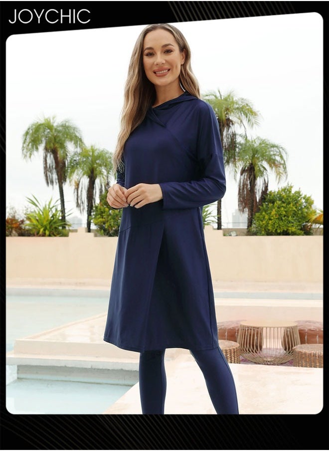 Joychic - 3-piece Muslim Women Conservative Swimwear Set Long Sleeve Comfortable and Sun Protection Beach Wear Summer Lightweight Swimsuit Dark Blue - Image 1