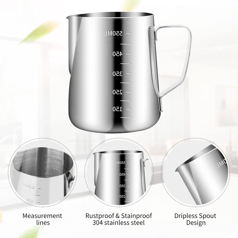 PROKITCHEN Stainless Steel Milk Frothing Pitcher 20oz/600ml for Milk Cappuccino Coffee Stencils Latte Art, Milk Jug Cup with Decorating Art Pen, Powder Shaker, 16 Pieces Coffee Decorating Stencils - Image 2