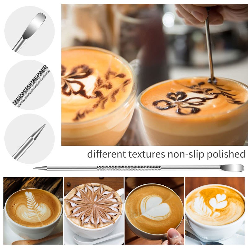 PROKITCHEN Stainless Steel Milk Frothing Pitcher 20oz/600ml for Milk Cappuccino Coffee Stencils Latte Art, Milk Jug Cup with Decorating Art Pen, Powder Shaker, 16 Pieces Coffee Decorating Stencils - Image 4