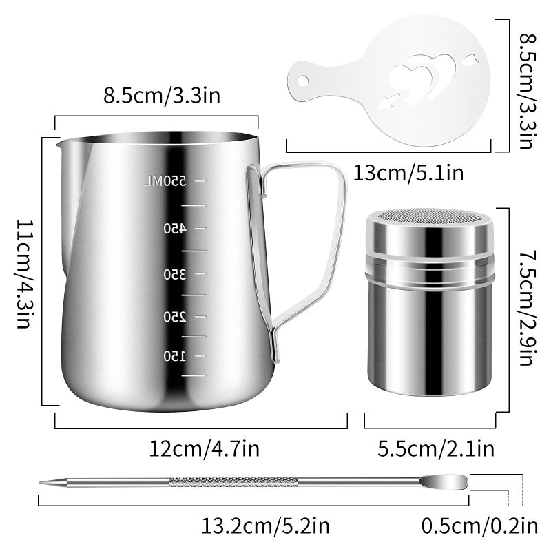 PROKITCHEN Stainless Steel Milk Frothing Pitcher 20oz/600ml for Milk Cappuccino Coffee Stencils Latte Art, Milk Jug Cup with Decorating Art Pen, Powder Shaker, 16 Pieces Coffee Decorating Stencils - Image 3
