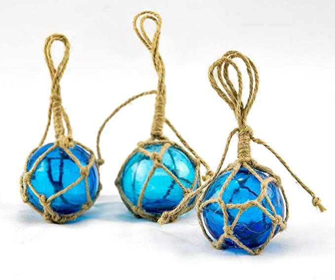 Nautical Crush Trading Japanese Glass Fishing Floats Ball  3 Aqua 3 Pack  Glass Buoys with Rope  Japanese Glass Floats  Fishing Float Glass  Glass Float Balls  Glass Ball Float Decor  Nautical Glass Balls 