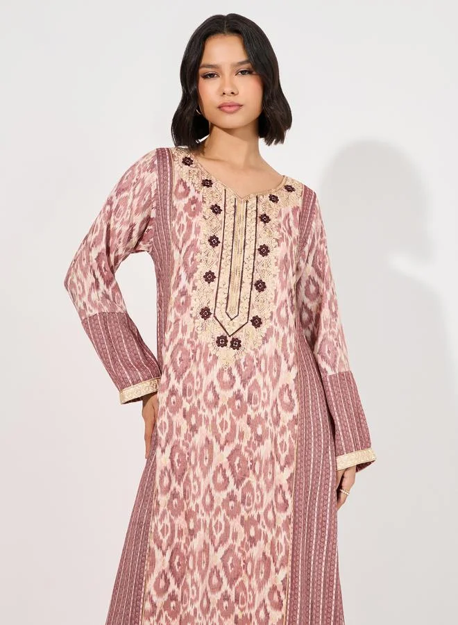 Styli All-Over Print Embroidered Neck Jalabiya