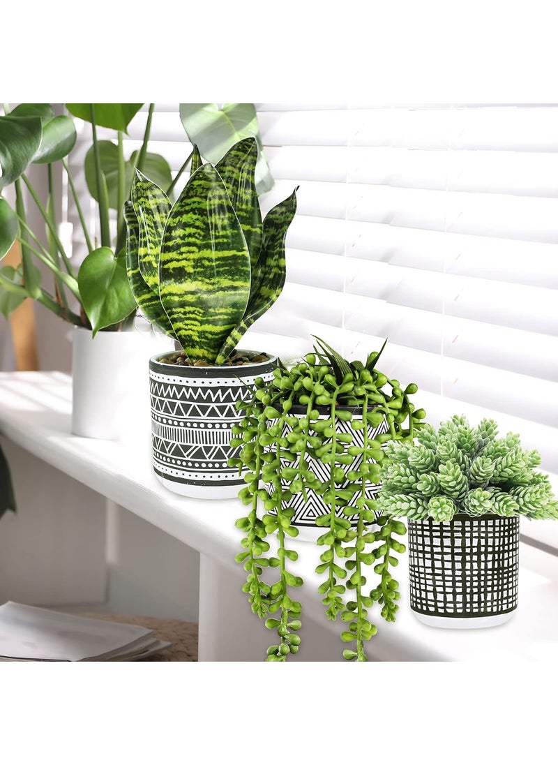 Winlyn Winlyn 3 Pcs Small Potted Plants Artificial Succulents Hanging Plants and Faux Tropical Snake Plant in Black Geometric Pots for Modern Home Kitchen Windowsill Table Shelf Indoor Outdoor Greenery Decor  - Image 4