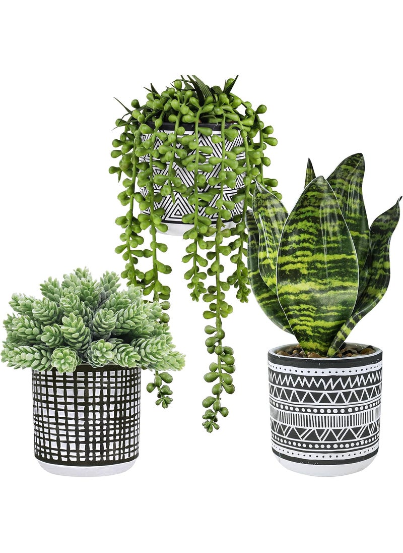 Winlyn Winlyn 3 Pcs Small Potted Plants Artificial Succulents Hanging Plants and Faux Tropical Snake Plant in Black Geometric Pots for Modern Home Kitchen Windowsill Table Shelf Indoor Outdoor Greenery Decor  - Image 1