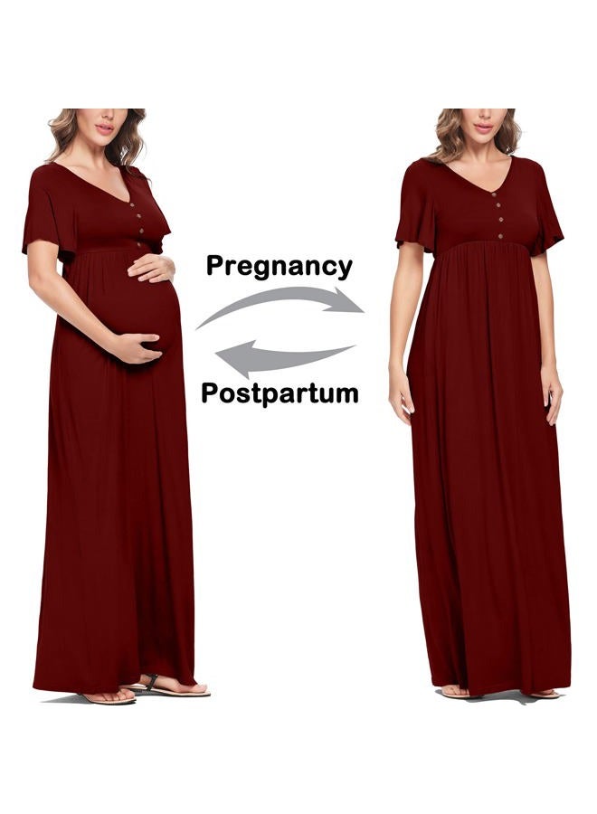Peauty Button Down Maternity Dress Ruffle Short Sleeve Maxi Dress Baby Shower Maternity Photoshoot Casual, Wine Red Without Pockets, M - Image 5