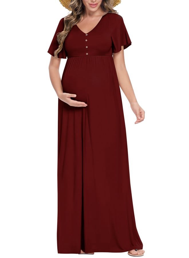 Peauty Button Down Maternity Dress Ruffle Short Sleeve Maxi Dress Baby Shower Maternity Photoshoot Casual, Wine Red Without Pockets, M - Image 1