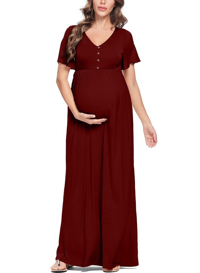 Peauty Button Down Maternity Dress Ruffle Short Sleeve Maxi Dress Baby Shower Maternity Photoshoot Casual, Wine Red Without Pockets, M - Image 4