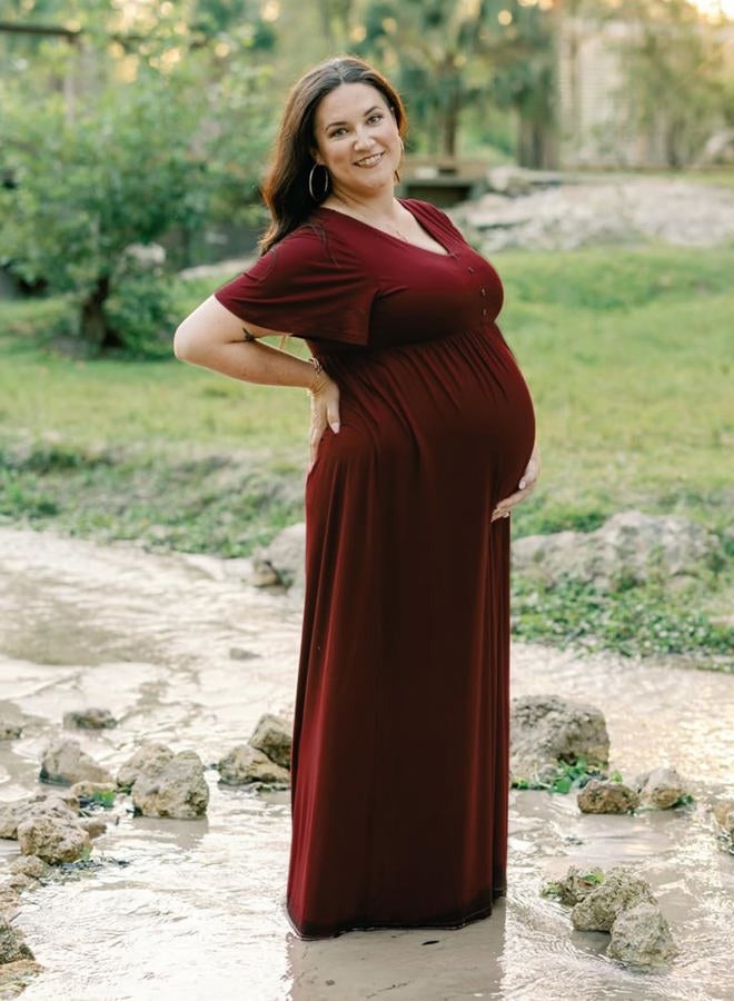 Peauty Button Down Maternity Dress Ruffle Short Sleeve Maxi Dress Baby Shower Maternity Photoshoot Casual, Wine Red Without Pockets, M - Image 3