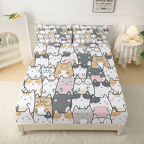 QOOMO Kawaii Kids Sheets Twin Size,Kawaii Cat 16" Deep Pocket Bed Sheet Set,Cartoon Cat Printed Bedroom Decor Sheet Set Soft and Breathable for Boys/Girls/Kids/Teens,Twin Size - Image 3