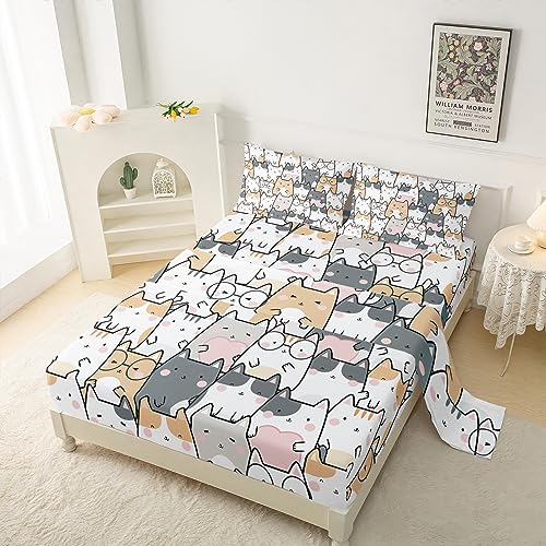 QOOMO Kawaii Kids Sheets Twin Size,Kawaii Cat 16" Deep Pocket Bed Sheet Set,Cartoon Cat Printed Bedroom Decor Sheet Set Soft and Breathable for Boys/Girls/Kids/Teens,Twin Size - Image 2
