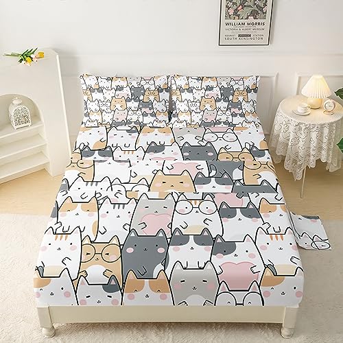 QOOMO Kawaii Kids Sheets Twin Size,Kawaii Cat 16" Deep Pocket Bed Sheet Set,Cartoon Cat Printed Bedroom Decor Sheet Set Soft and Breathable for Boys/Girls/Kids/Teens,Twin Size - Image 1
