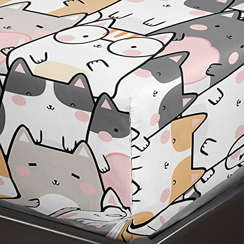 QOOMO Kawaii Kids Sheets Twin Size,Kawaii Cat 16" Deep Pocket Bed Sheet Set,Cartoon Cat Printed Bedroom Decor Sheet Set Soft and Breathable for Boys/Girls/Kids/Teens,Twin Size - Image 5