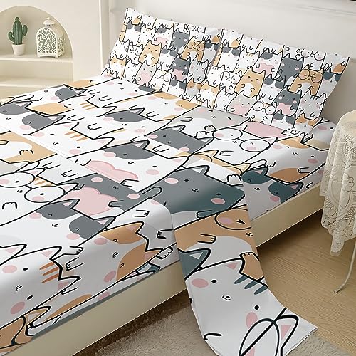 QOOMO Kawaii Kids Sheets Twin Size,Kawaii Cat 16" Deep Pocket Bed Sheet Set,Cartoon Cat Printed Bedroom Decor Sheet Set Soft and Breathable for Boys/Girls/Kids/Teens,Twin Size - Image 4