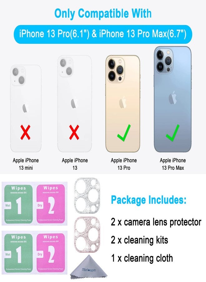 wisdompro [2 Pack] Bling Camera Lens Protector for iPhone 13 Pro Max 6.7 inch, for iPhone 13 Pro 6.1 inch, Glitter Diamond Crystal Metal Lens Decoration Cover Accessories (Rose Gold and Silver) - Image 2