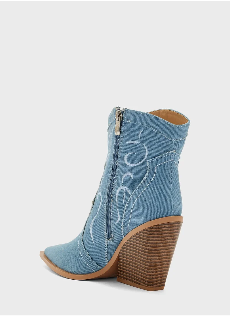 Ginger Embroidered Denim Cowboy Ankle Boots